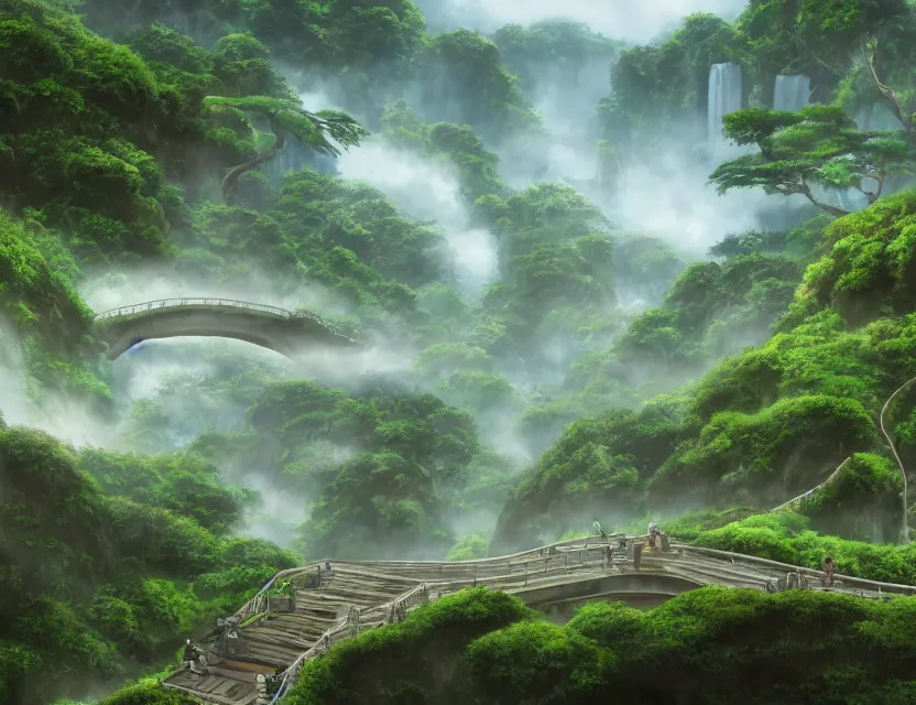 Image similar to a cinematic widescreen photo of many epic ancient japanese temples with a winding path and bridge to hot springs on the top of a mountain in a misty bamboo cloud forest with colossal waterfalls at dawn by studio ghibli and roger dean, terraced, mystical, trending on artstation