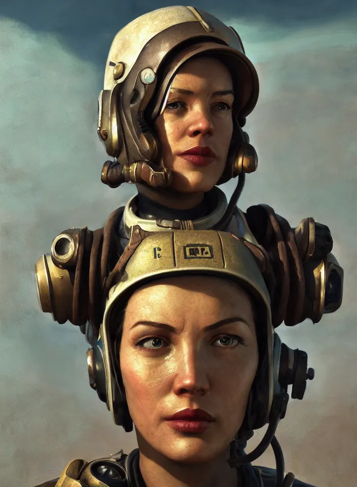 Prompt: a face portrait of a female explorer in fallout 4, scifi setting, fallout environment, drab colors, serene lighting, atmospheric, cinematic, moody, in the style of diego koi, gina heyer, luiz escanuela, art by alyssa monk, hyperrealism, rule of thirds, golden ratio, oil on canvas, 8 k