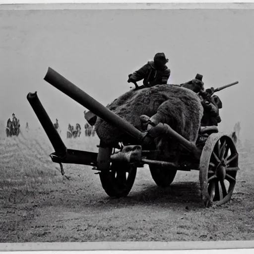 Prompt: a picture of a enormous bear pulling a towed artillery gun behind his back like a carriage, eastern front, historical picture