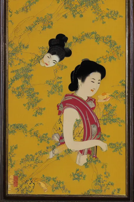 Image similar to an asian woman emerges from yellow wallpaper decorated with sensual feminine faces by charles walter stetson
