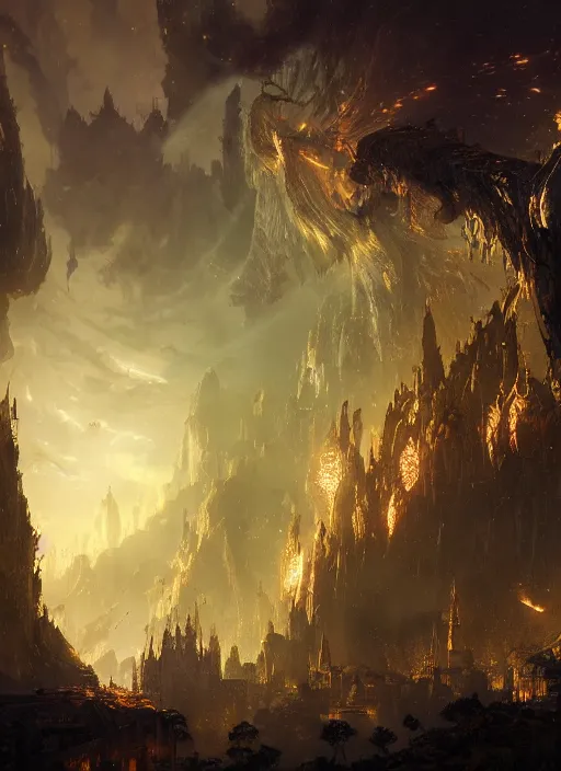 Image similar to a fantasy golden city smoulders, embers fly, epic atmosphere, by greg rutkowski, nature by asher brown durand, composition by yoshitaka amano