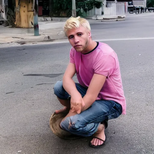 Prompt: A photo of a man, clean blonde hair, clear eyes, dirty, pink shirt, street, scars, trash barrels