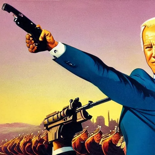 Image similar to propaganda poster of joe biden pointing gun directly at camera in james bond movie, closeup of gun, visible barrel and grip by j. c. leyendecker, bosch, lisa frank, jon mcnaughton, and beksinski