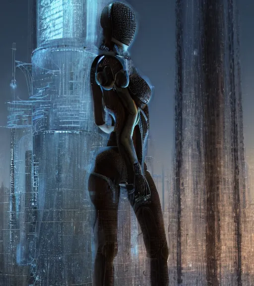 Image similar to cyber tarkovsky greatest scene, the ancient destroyed majestic tower of babylon, woman in futuristic cyber clothing, transparent puffer jacket, hyper realistic, blockchain, cyber world, ambient lighting, concept art, intricate, hyper detailed, smooth, dynamic volumetric lighting, octane, ray trace, cinematic, high quality, high resolution, 4 k, cgsociety