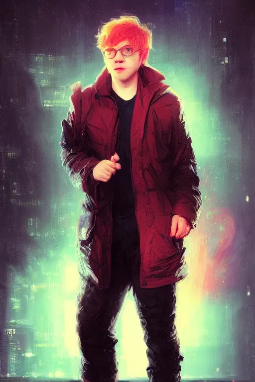 Image similar to portrait of Rupert Grint as Ron Wisly in cyberpunk, neon lighting, night city, digital art from artstation by Ruan Jia and Mandy Jurgens and Artgerm and william-adolphe bouguereau and Greg Rutkowski