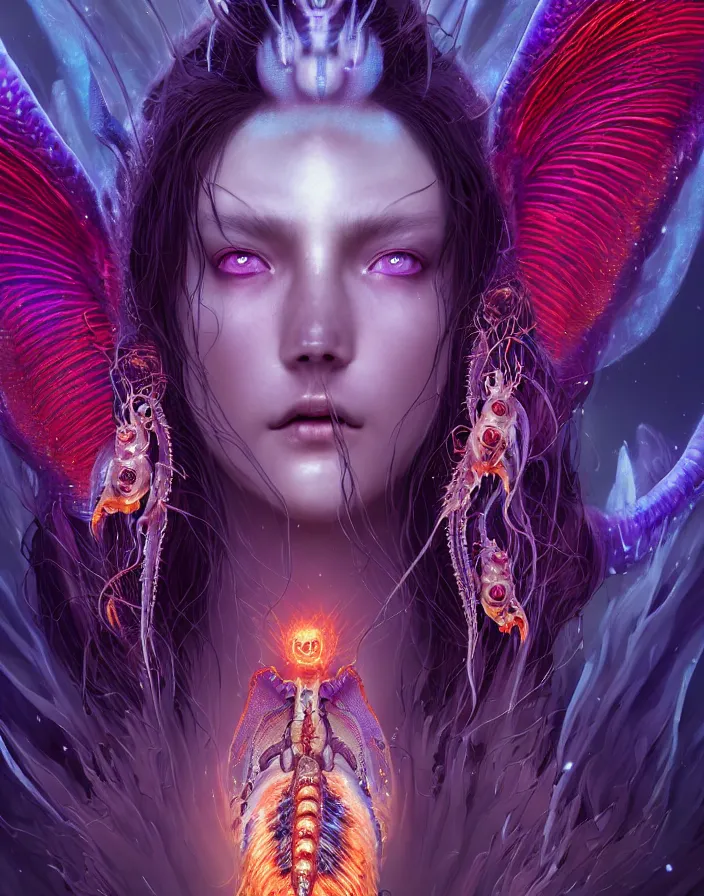 Prompt: demon goddess close-up portrait tribal slavic princess, jellyfish phoenix dragon, butterfly squid, burning halo, intricate artwork by Tooth Wu and wlop and beeple, greg rutkowski, very coherent symmetrical artwork, cinematic, hyper realism, high detail, octane render, unreal engine, 8k, Vibrant colors, Smooth gradients, High contrast, depth of field
