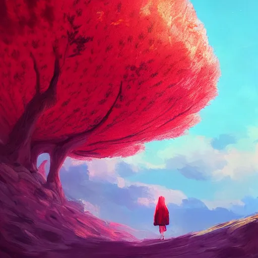 Image similar to giant cherry tree as a head, girl walking in a canyon, surreal photography, sunrise, dramatic light, impressionist painting, colorful clouds, digital painting, artstation, simon stalenhag