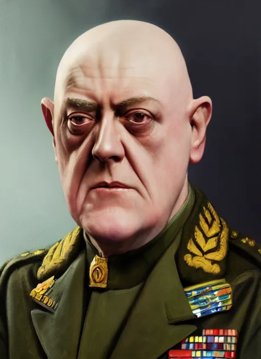 Prompt: highly detailed closeup portrait of aleister crowley wearing a general's uniform, unreal engine, nicoletta ceccoli, mark ryden, earl norem, lostfish, hyung tae, frank frazetta, global illumination, detailed and intricate environment