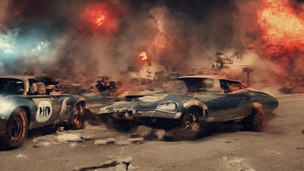 Image similar to film still from the movie death race three thousand, cult cinema, pulp cinema, vintage, nineteen seventies, saturated color, cinematic lighting, cinematic composition, ultra realistic, highly detailed, wide screen, panavision