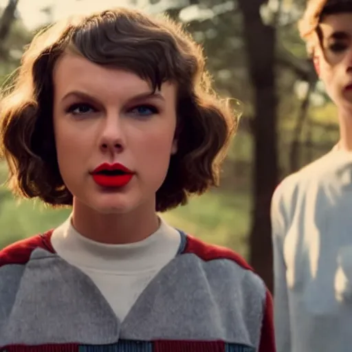 Image similar to still from Stranger Things season 6 - Taylor Swift in makeup evil queen Brunhilda