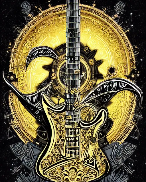 Image similar to demonic fractalpunk guitar concept illustration, rococo, celestial runes floating, symmetrical composition, spiral with golden ratio, gold and black paper, de - noise, ornate border, tarot card, 8 k