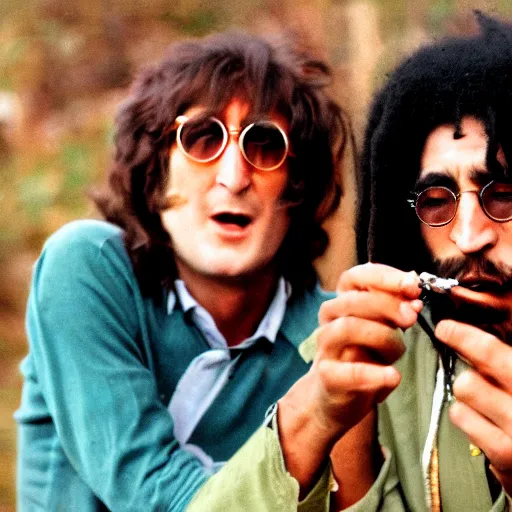 Prompt: stoned john lennon smoking a joint with bob Marley, photograph by Willy Spiller, 1970s