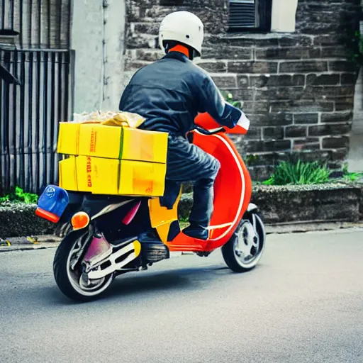 Image similar to delivery driver on moped delivering packages, bright color, bubbly, artistic rendering, cartoon, no blur, white background