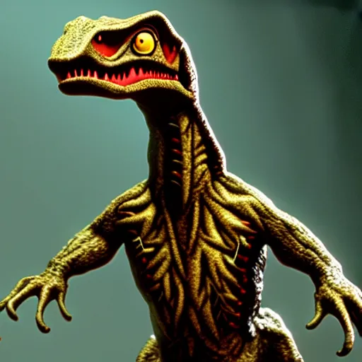 Prompt: mr. bean as a velociraptor from the jurassic park movie. movie still. cinematic lighting.