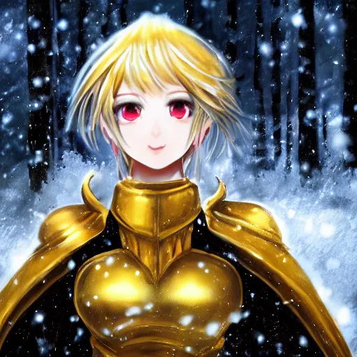 Prompt: portrait focus of knight beautiful 3D anime girl, golden Frozen ice armor wearing, dark forest background, snowing, bokeh, inspired by Masami Kurumada, digital painting, high contrast, unreal engine render, volumetric lighting, high détail