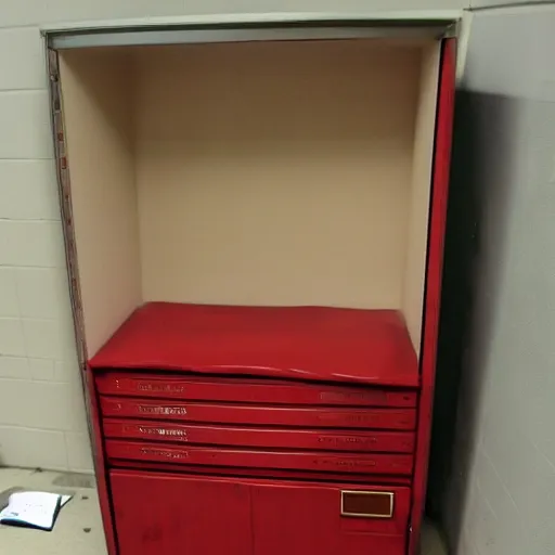 Image similar to realistic, detailed, amongus red imposter in the backrooms