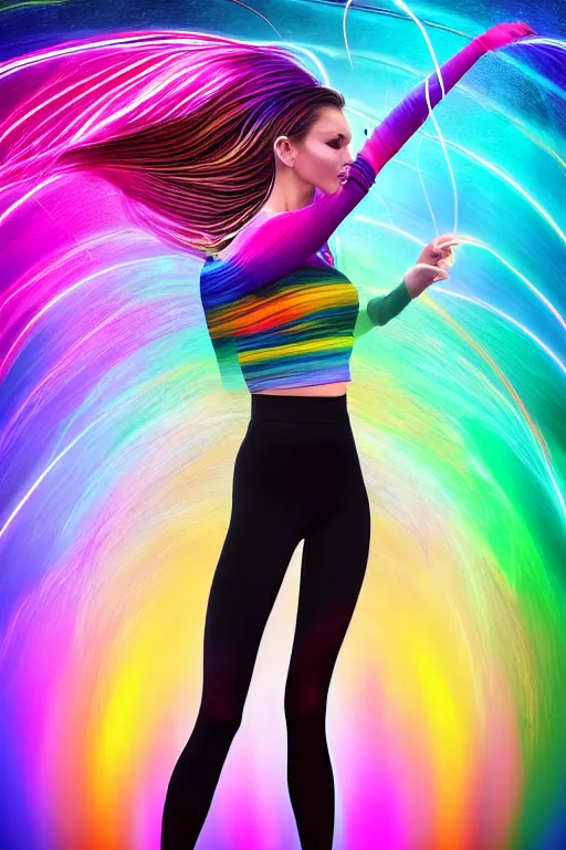 Image similar to a award winning half body portrait of a beautiful woman with stunning eyes in a croptop and leggings with reinbow colored ombre hairstyle head in motion and hair flying while dancing by thomas danthony, surrounded by whirling illuminated lines, outrun, vaporware, shaded flat illustration, digital art, trending on artstation, highly detailed, fine detail, intricate