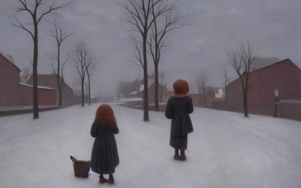 Image similar to a painting of sad little redhead little girl in a winter street in norway, oil on canvas, by hammershoi