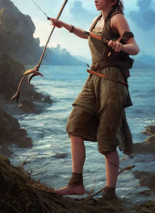 Prompt: hyper realistic photo of prehistoric fisher emma watson with a harpoon in her hand, full body, rule of thirds, conceptart, saturated colors, cinematic, greg rutkowski, brom, james gurney, mignola, craig mullins, artstation, cgsociety