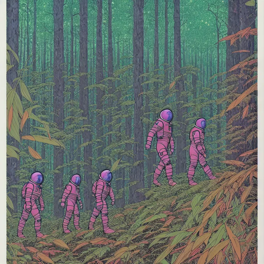 Image similar to ( ( ( ( astronauts walking through a mysterious forest, with decorative frame design ) ) ) ) by mœbius!!!!!!!!!!!!!!!!!!!!!!!!!!!, overdetailed art, colorful, artistic record jacket design