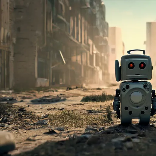 Image similar to small 2 fingered robot exploring abandoned city in the apocalypse, 4k cinematic shot, cute