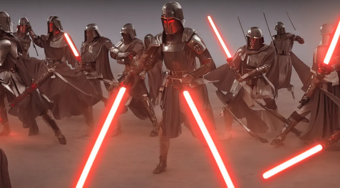 Image similar to Roman soldiers and sith wielding lightsabers background Canon, 100mm, octane render, photorealistic, detailed, cinematic, 8k no blur, volumetric lightning