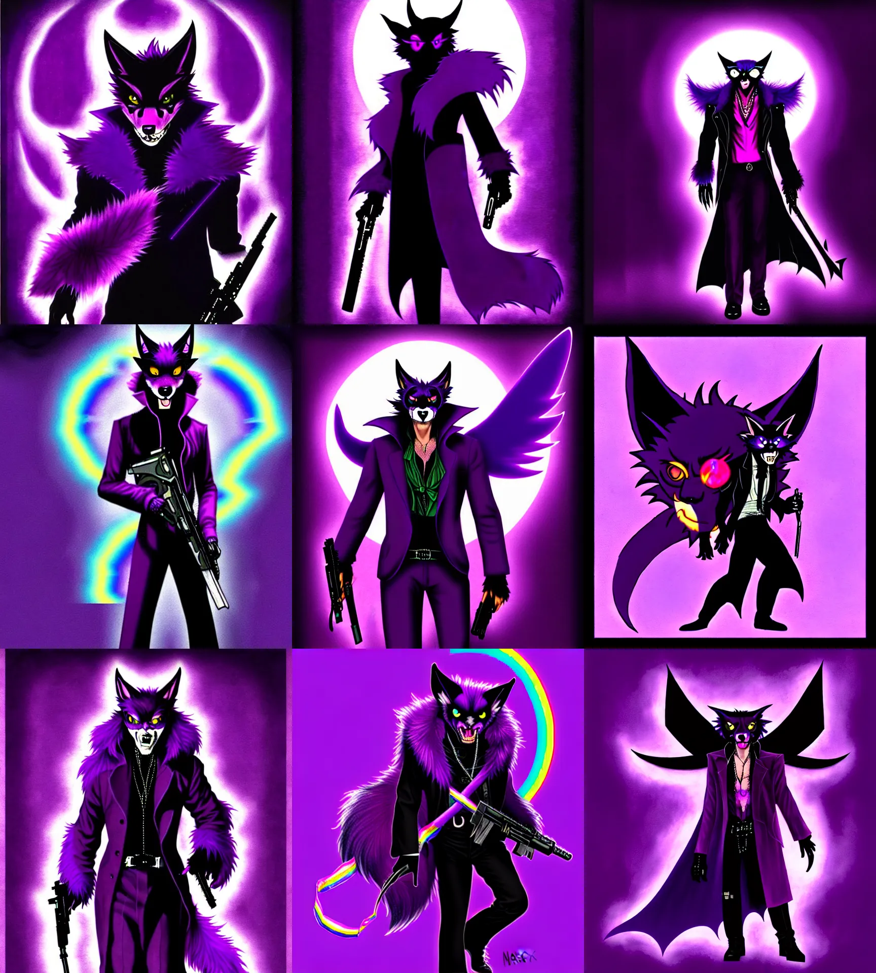 Prompt: a purple wolfbat fursona with an eyepatch and a long glowing rainbow tail, traversing a shadowy city, an affable devil among demons, neo - noir style, reminescent of max payne and ghost in the shell, style of purple rain album cover ( by prince ), dark colors