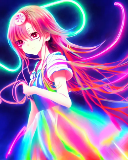 Image similar to anime style, vivid, expressive, full body, 4 k, painting, a cute magical girl idol with a long wavy colorful hair wearing a colorful dress, correct proportions, stunning, realistic light and shadow effects, neon lights, studio ghibly makoto shinkai yuji yamaguchi