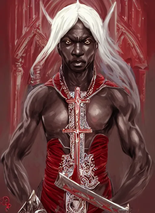 Image similar to a highly detailed illustration of african priest with short white hair, wearing cross on robe, wielding red blades made of blood, evil standing smiling pose, gothic church background, muscular, intricate, elegant, highly detailed, centered, digital painting, artstation, concept art, smooth, sharp focus, league of legends concept art, WLOP