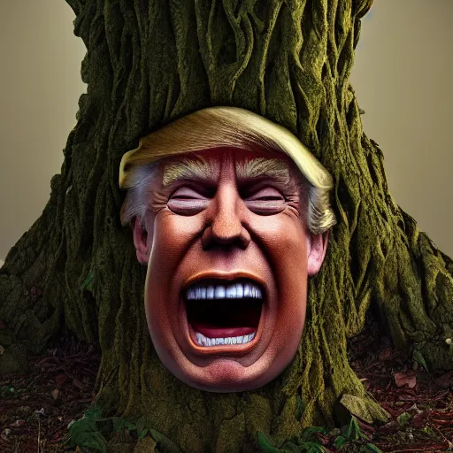 Image similar to donald trump is fused into a tree stump, hyperdetailed, artstation, cgsociety, 8 k