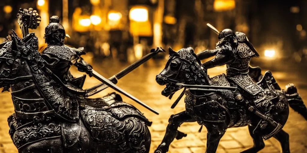 Image similar to close up macro shot of a roman general riding a horse fighting a samurai with swords on wet tokyo street at night, intricate, hyper detailed, smooth, dramatic lighting, cinematic