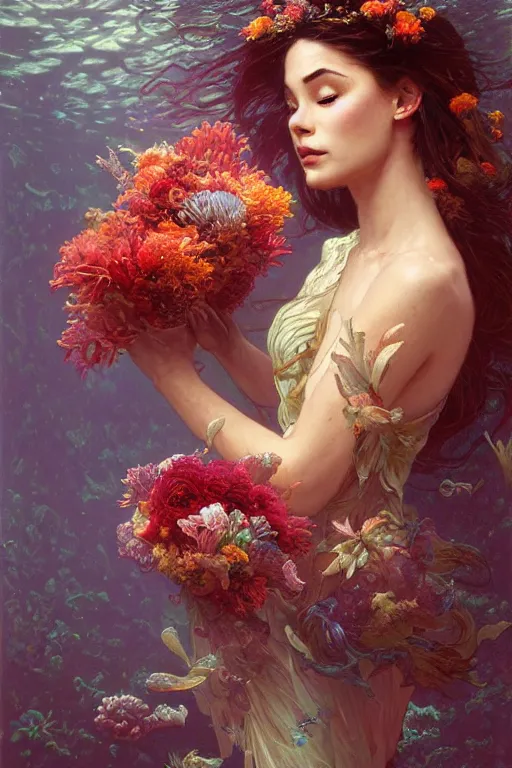 Image similar to portrait of a beautiful mysterious woman holding a bouquet of flowing flowers, hands hidden under the bouquet, submerged underwater filled with coral reef, fantasy, regal, intricate, by stanley artgerm lau, greg rutkowski, thomas kindkade, alphonse mucha, loish, norman rockwell