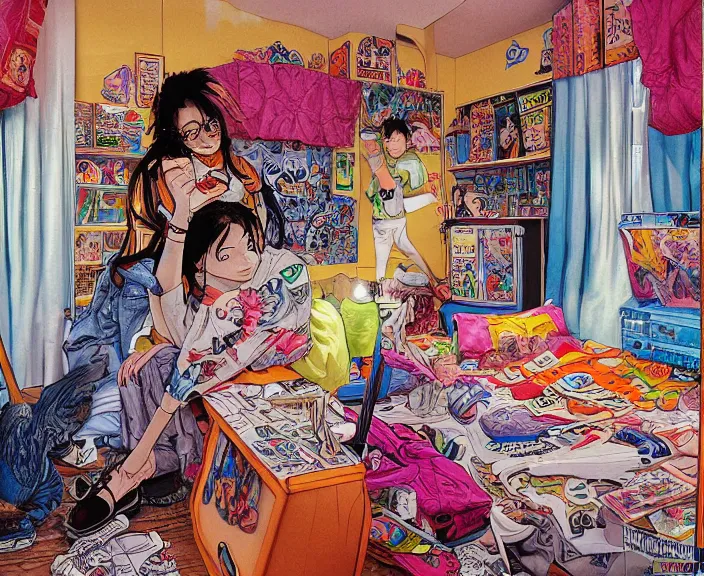 Image similar to highly detailed colorful illustration of a teenager in her room in the 9 0's, very detailed, clean shaped illustration by kim jung gi, ron english and eiichiro oda