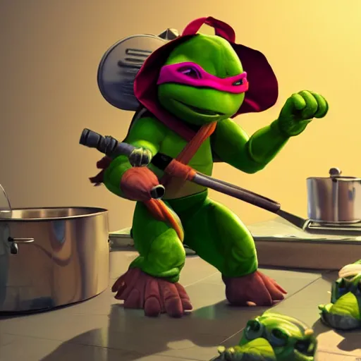 Image similar to teenage mutant ninja turtle with frying pan near kitchen stove, wearing chef hat, frying nails, volumetric lighting, realistic, photo, artstation