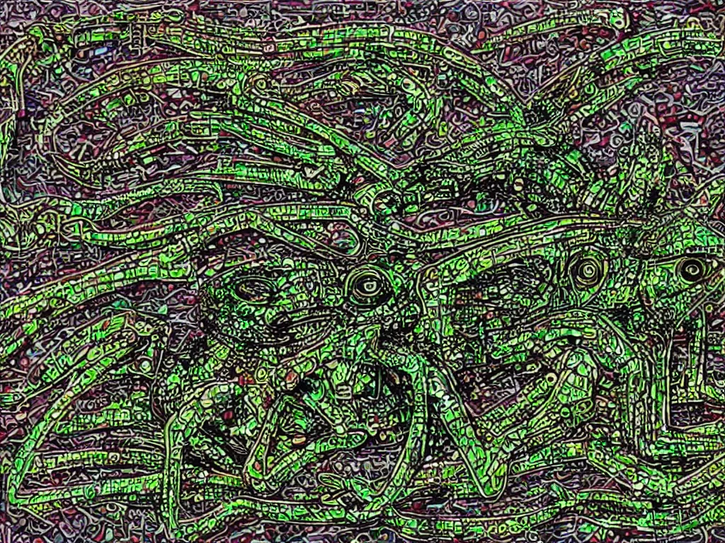 Prompt: a cyborg frog made from synthesizer parts sitting in a circuit board pond by Alex Grey