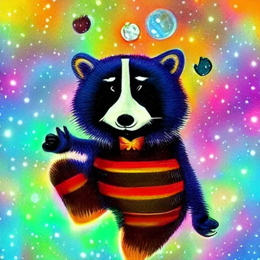 Image similar to fat raccoon skating through the cosmos, colorful