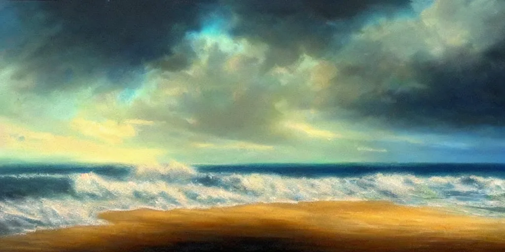 Image similar to a beautiful oil on canvas. seascape. view from the coast of the sea. coastal landscape trees and sand. stormy blue and green sea i'm background. epic sky bdetailed. trending on art station. beautiful. tropical. h 7 6 8