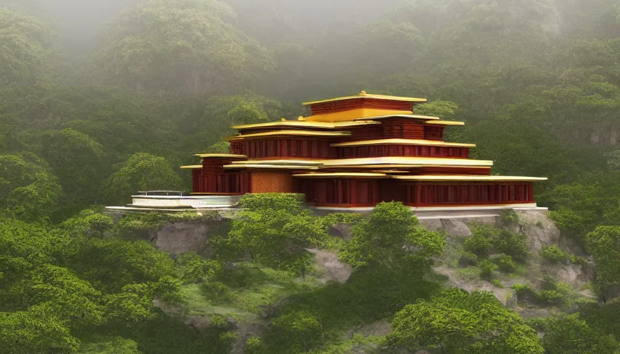 Image similar to small temple house inspired by tibetan architecture, on a green hill, overlooking a valley with trees, frank lloyd wright, realistic render, birdseye view