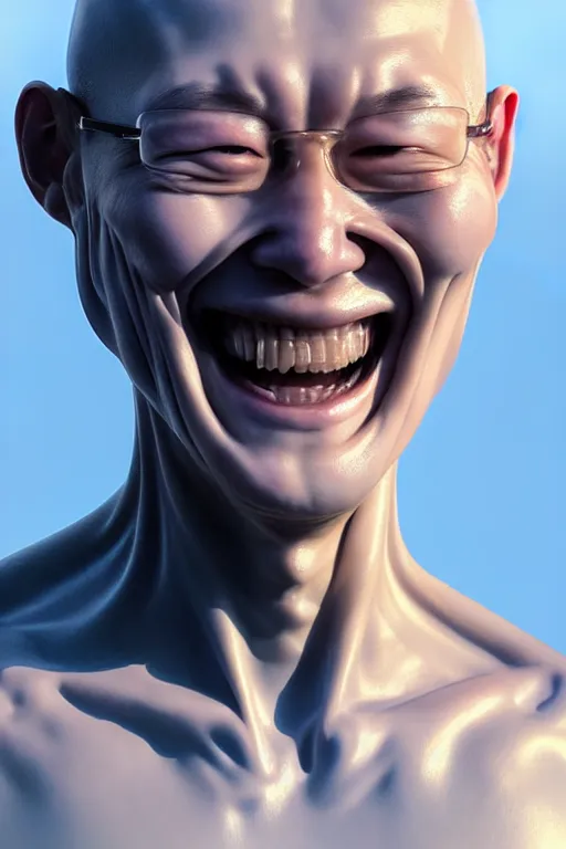 Image similar to hyperrealistic close-up translucent exoskeleton!! smiling chinese man covered highly detailed concept art eric zener elson peter cinematic side soft light high angle hd 8k sharp shallow depth of field