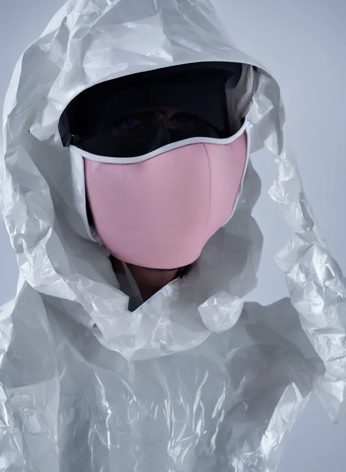Image similar to an ultra high definition professional studio quality portrait photograph of a model wearing a pastel coloured mask visor and matching porous foam raincoat on white in a serene icelandic black rock environment. three point light. dramatic lighting. volumetric shadows. light rays