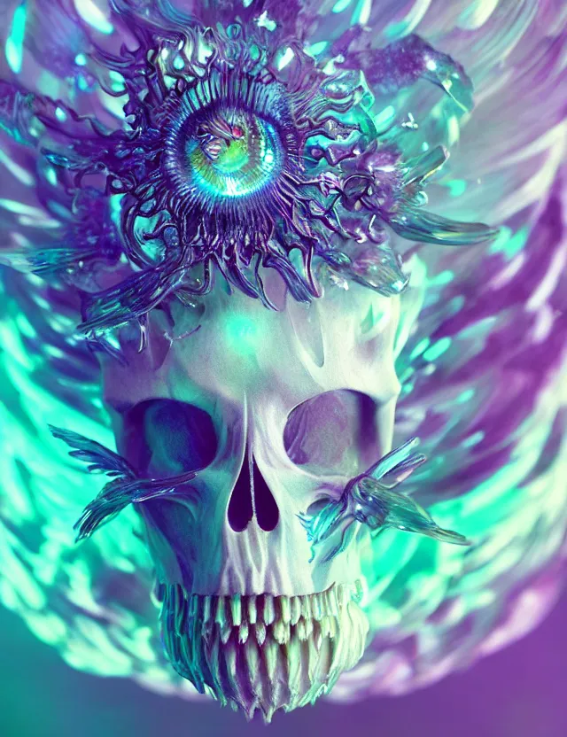 Image similar to goddess macro close - up portrait wigh crown made of ram skull. betta fish, jellyfish phoenix, bioluminiscent, plasma, ice, water, wind, creature, super intricate ornaments artwork by tooth wu and wlop and beeple and greg rutkowski