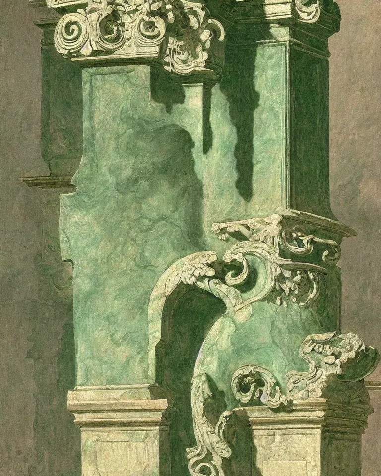 Image similar to achingly beautiful painting of intricate ancient roman corinthian capital on jade background by rene magritte, monet, and turner. giovanni battista piranesi.