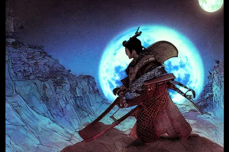 Image similar to young samurai trained by the chasm, in the style of frank paul and patrick woodroffe and roy krenkel, trending on artstation, moon light closeup view film poster, inverted colors, telephoto lens, macro lens, atelier populaire