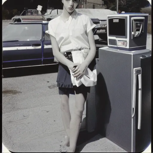 Prompt: polish woman with short hair wearing an issey miyake shirt and skirt at a gas station, polaroid, by nan goldin, jamel shabbaz, gregg araki