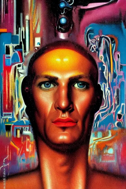 Prompt: 8 0 s art deco close up portait of lorinc meszaros, rain like a dream oil painting curvalinear clothing cinematic dramatic cyberpunk textural fluid lines otherworldly vaporwave interesting details fantasy lut epic composition by basquiat zdzisław beksinski james jean artgerm rutkowski moebius francis bacon gustav klimt