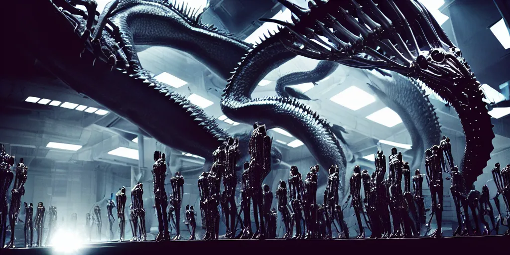 Image similar to star base, walking down the catwalk, stage, vogue photo, podium, fashion show photo, iris van herpen, inflateble shapes, masterpiece, guyver, giger, biomechanical details, denis villeneuve, legendary dragon, movie still, cinestill, bokeh, artstation