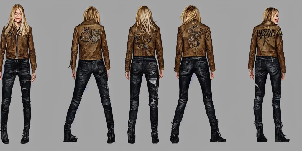 Prompt: halston sage as a tattooed wanderer, wearing scratched and ripped short leather jeans, wearing an aviator jacket with a smiley stamp on its back, character sheet, fine details, props, concept design, contrast, kim jung gi, greg rutkowski, trending on artstation, 8 k, full body, turnaround, front, back, ultra wide angle