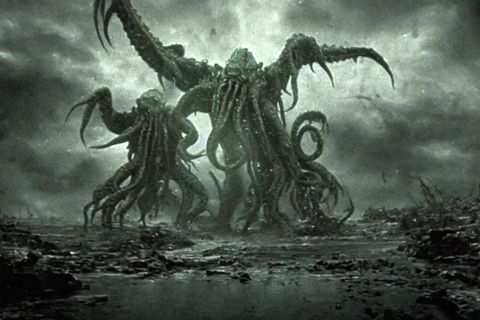 Prompt: still image taken from sci fi horror movie of a cthulhu attacking a city. low camera angle. failure pictures.