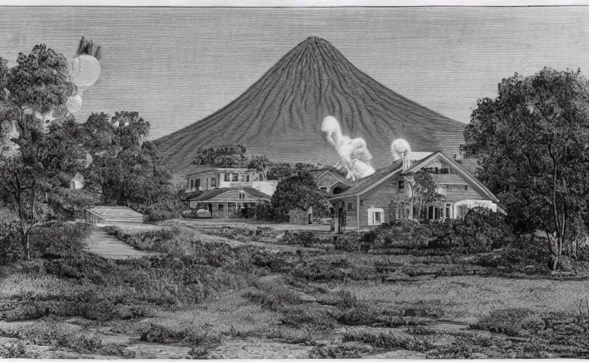 Prompt: suburban house and yard with small volcano erupting in the yard foreground, ground level