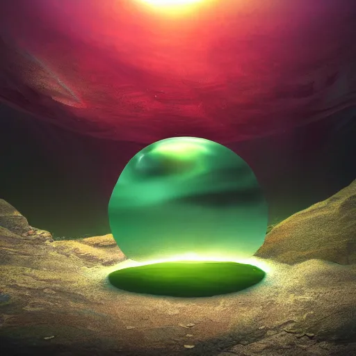 Image similar to a green opaque bubble floating in the center of a sunset cliff, white particles going up inside the bubble, digital concept art, 4 k